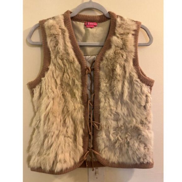 BCBGirls Vest Women Brown Rabbit Fur Wool Bow Tie Open Sleeveless - Picture 1 of 12